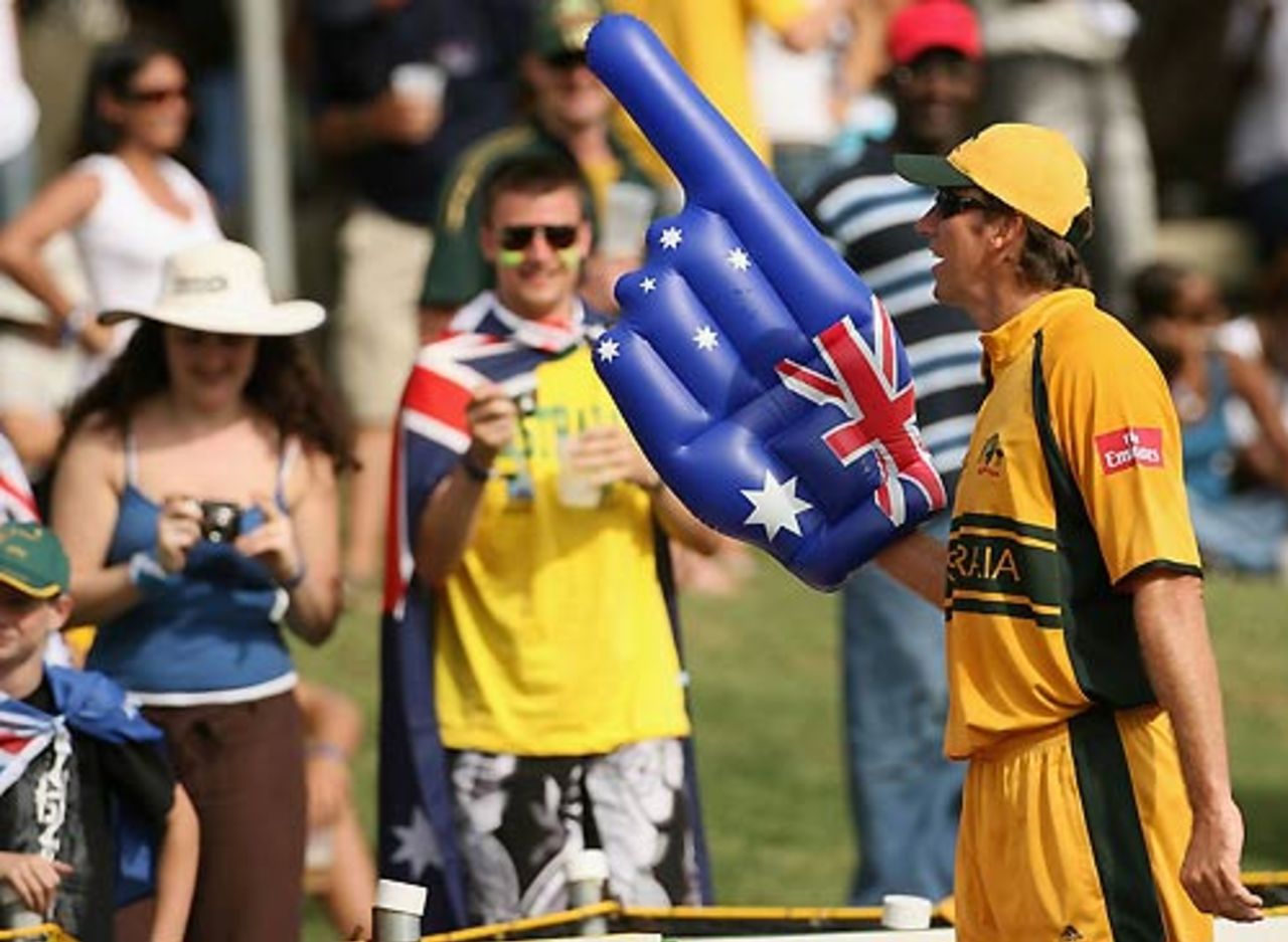 Glenn McGrath plays with an inflated finger much to the amusement of the Australian fans, Australia v Scotland, Group A, St Kitts, March 14, 2007