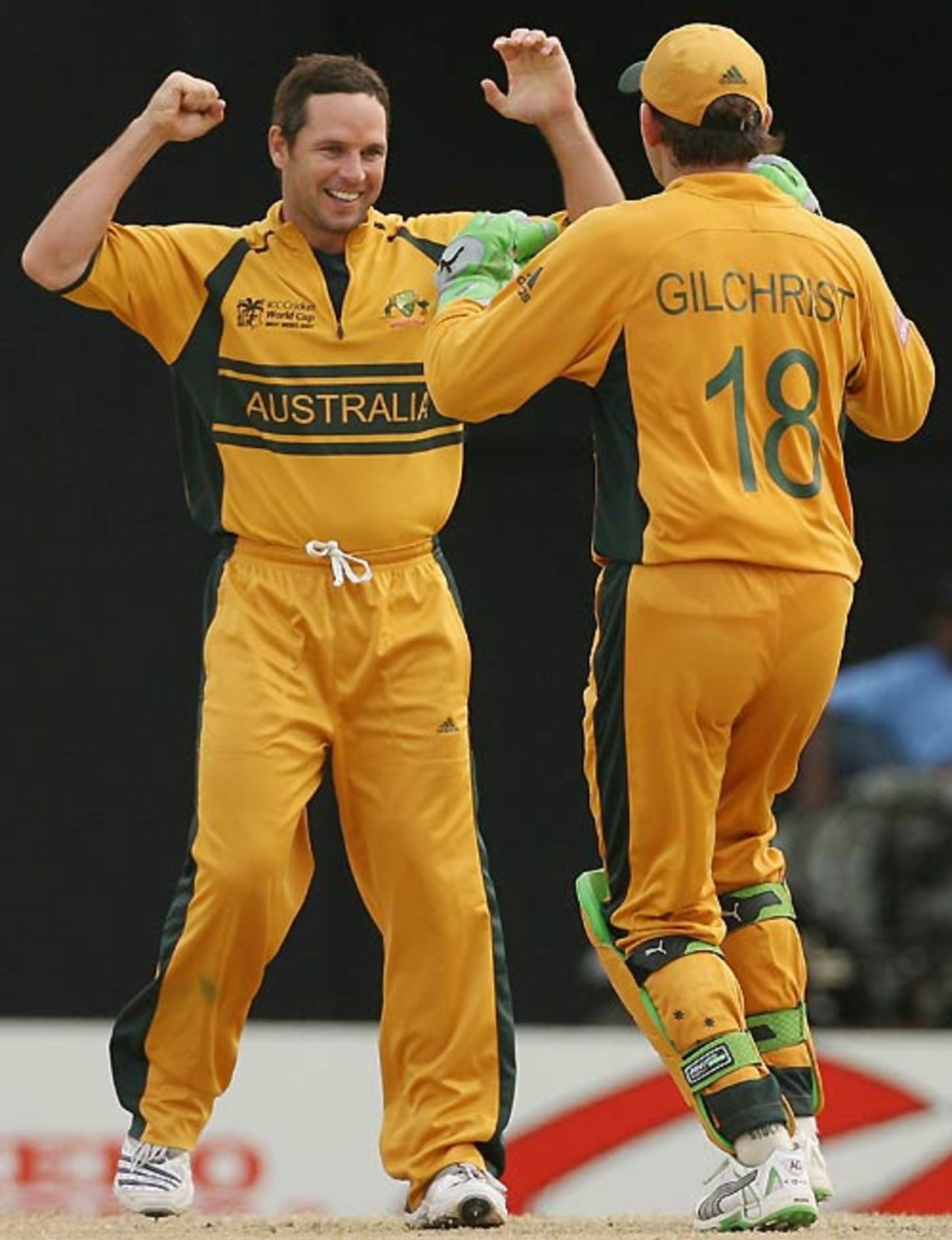 Brad Hodge joins the fun, sending back Dougie Brown with his offbreaks, Australia v Scotland, Group A, St Kitts, March 14, 2007