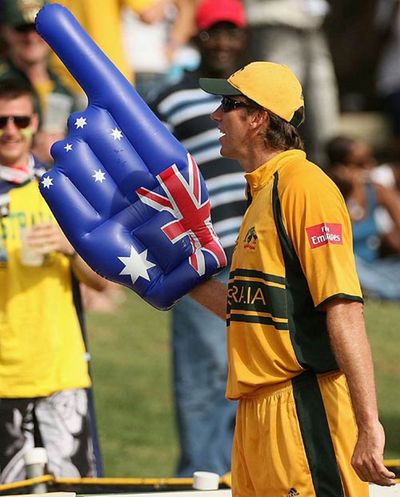 Glenn McGrath plays with an inflated finger much to the amusement of the Australian fans, Australia v Scotland, Group A, St Kitts, March 14, 2007