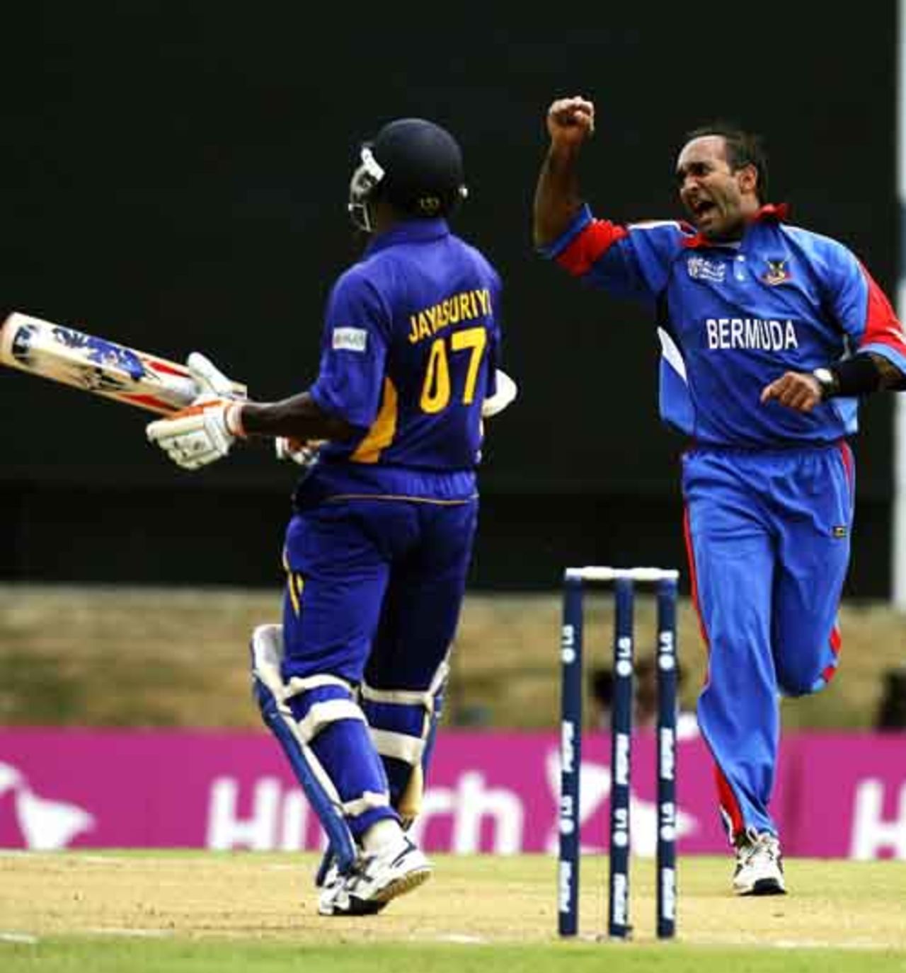 Saleem Mukuddem celebrates the wicket of Sanath Jayasuriya, Bermuda v Sri Lanka, Group B, Port of Spain, March 15, 2007