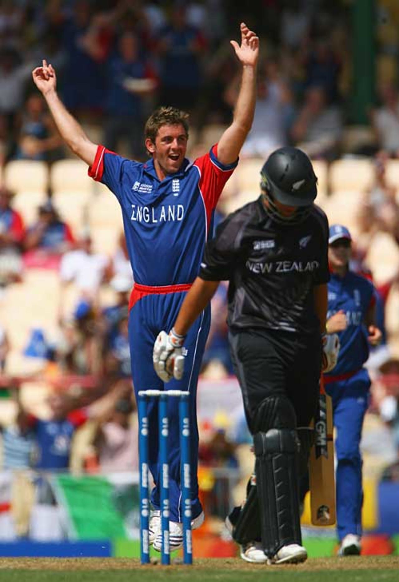 Liam Plunkett claims the early wicket of Ross Taylor, England v New Zealand, Group C, Gros Islet, March 16, 2007