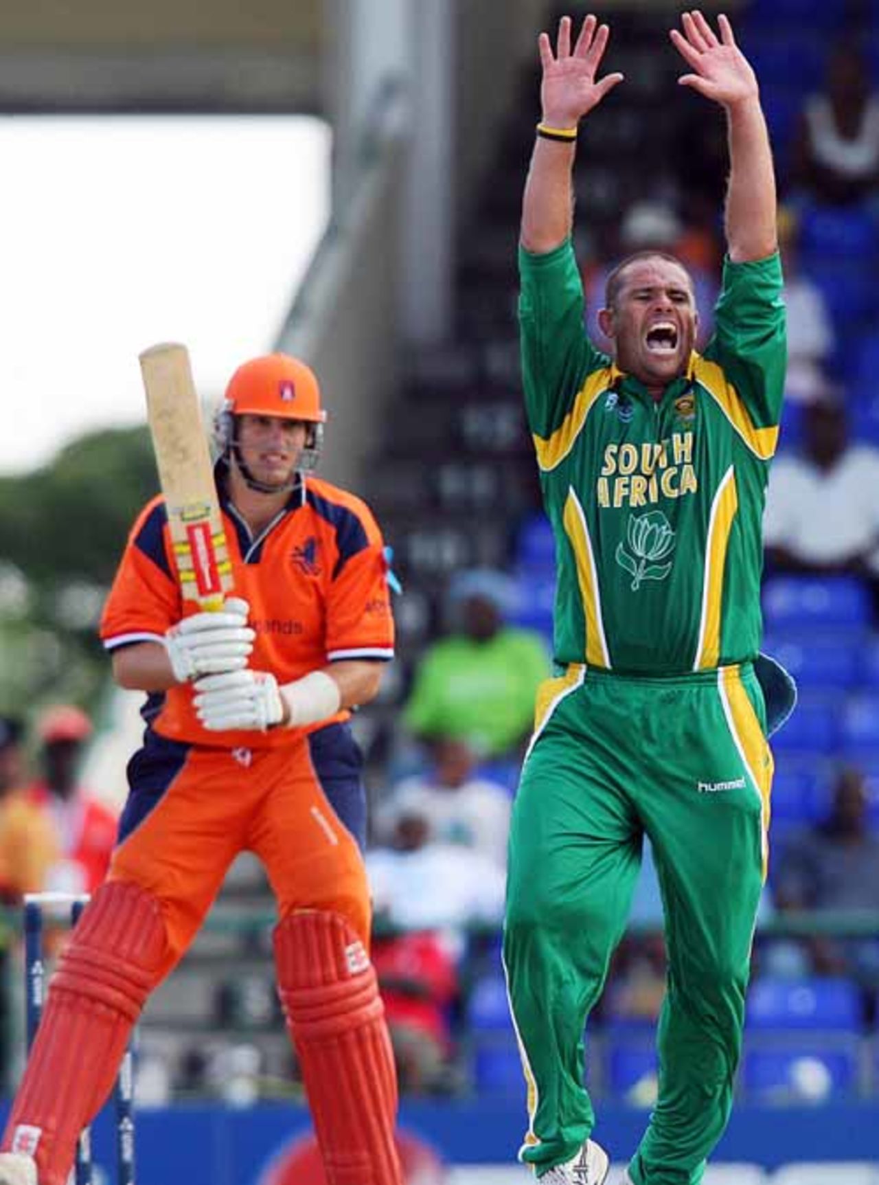 Andrew Hall successfully appeals for a leg before decision against  Daan van Bunge, Netherlands v South Africa, Group A, St Kitts, March 16, 2007