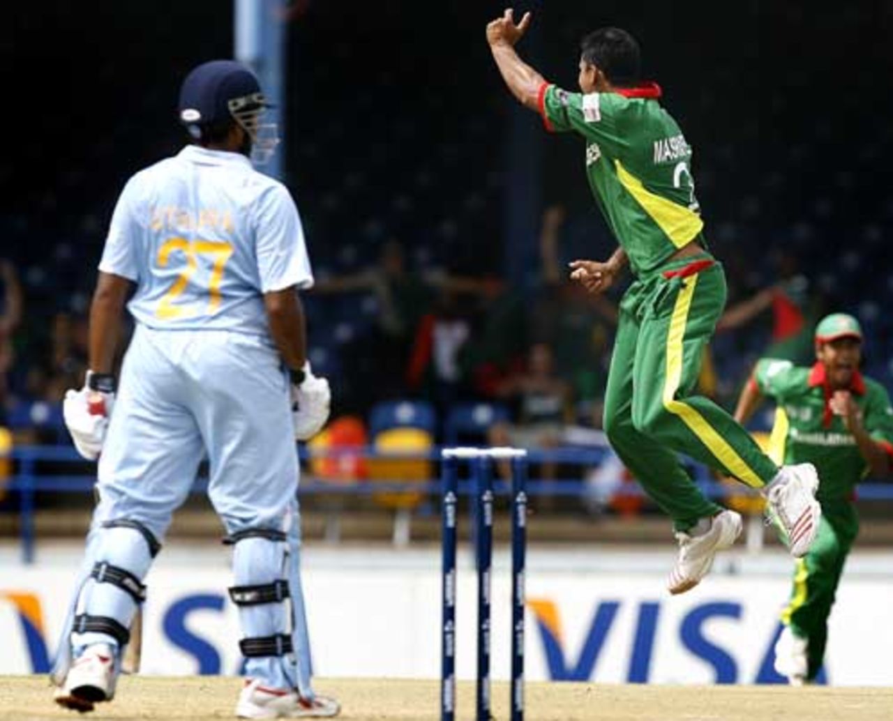 Mashrafe Mortaza jumps in the air after successfully appealing against Robin Uthappa, Bangladesh v India, Group B, Trinidad, Marchh 17, 2007