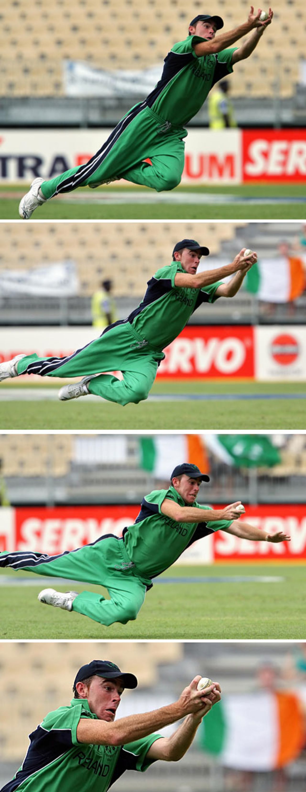 A collage of Trent Johnston in various stages of a diving catch to dismiss Kamran Akmal, Ireland v Pakistan, Group D, Jamaica, March 17, 2007
