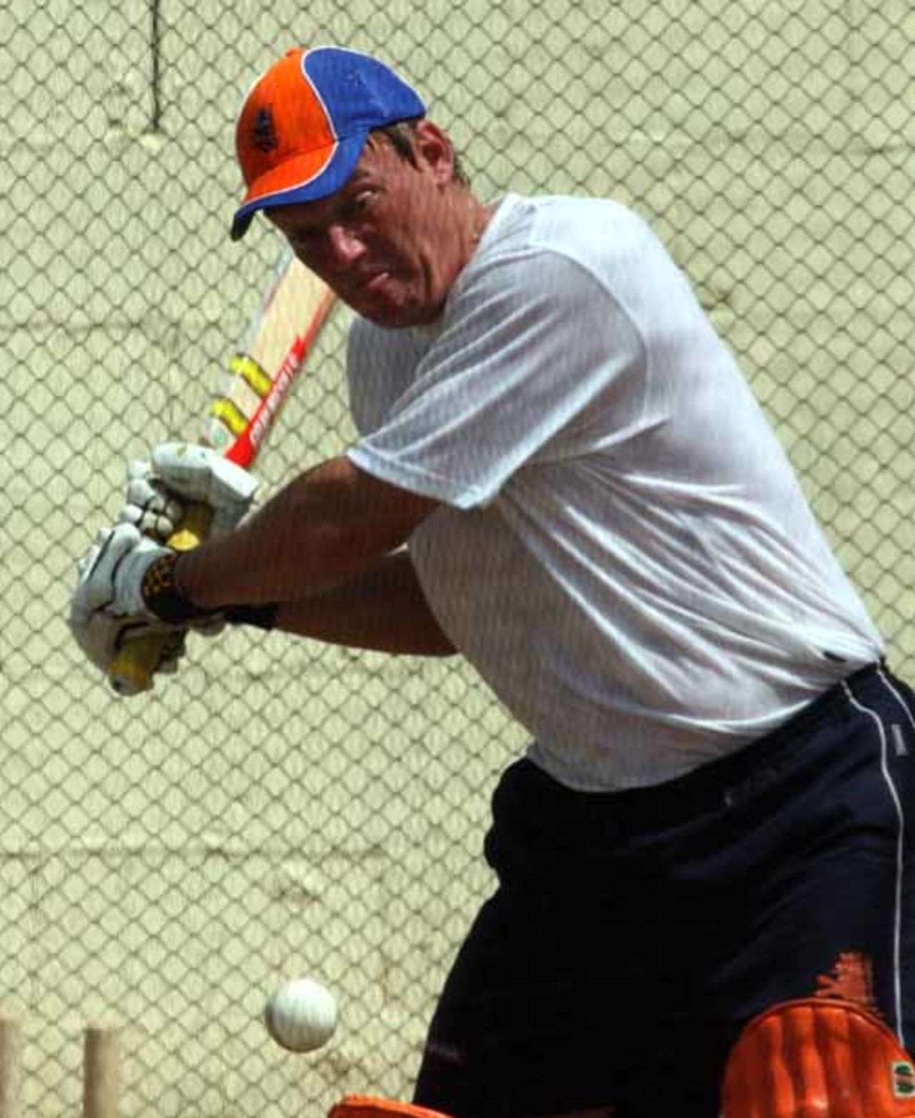 Tim de Leede, the Netherlands middle-order batsman, watches the ball at the Warner Park nets, St Kitts, March 17, 2007