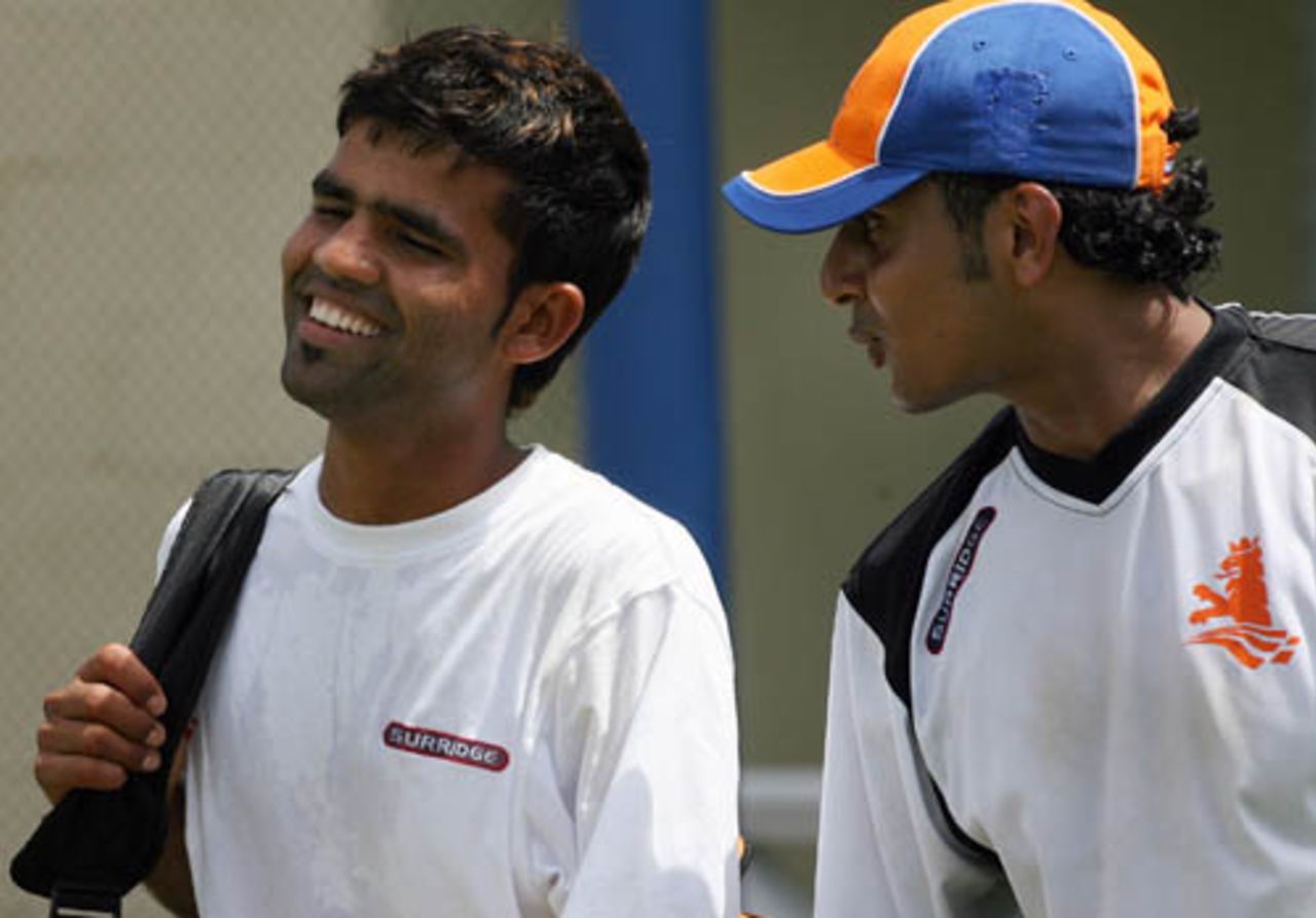 Mohammad Kashif  and Adeel Raja walk in to practice at Warner Park, St Kitts, March 17, 2007