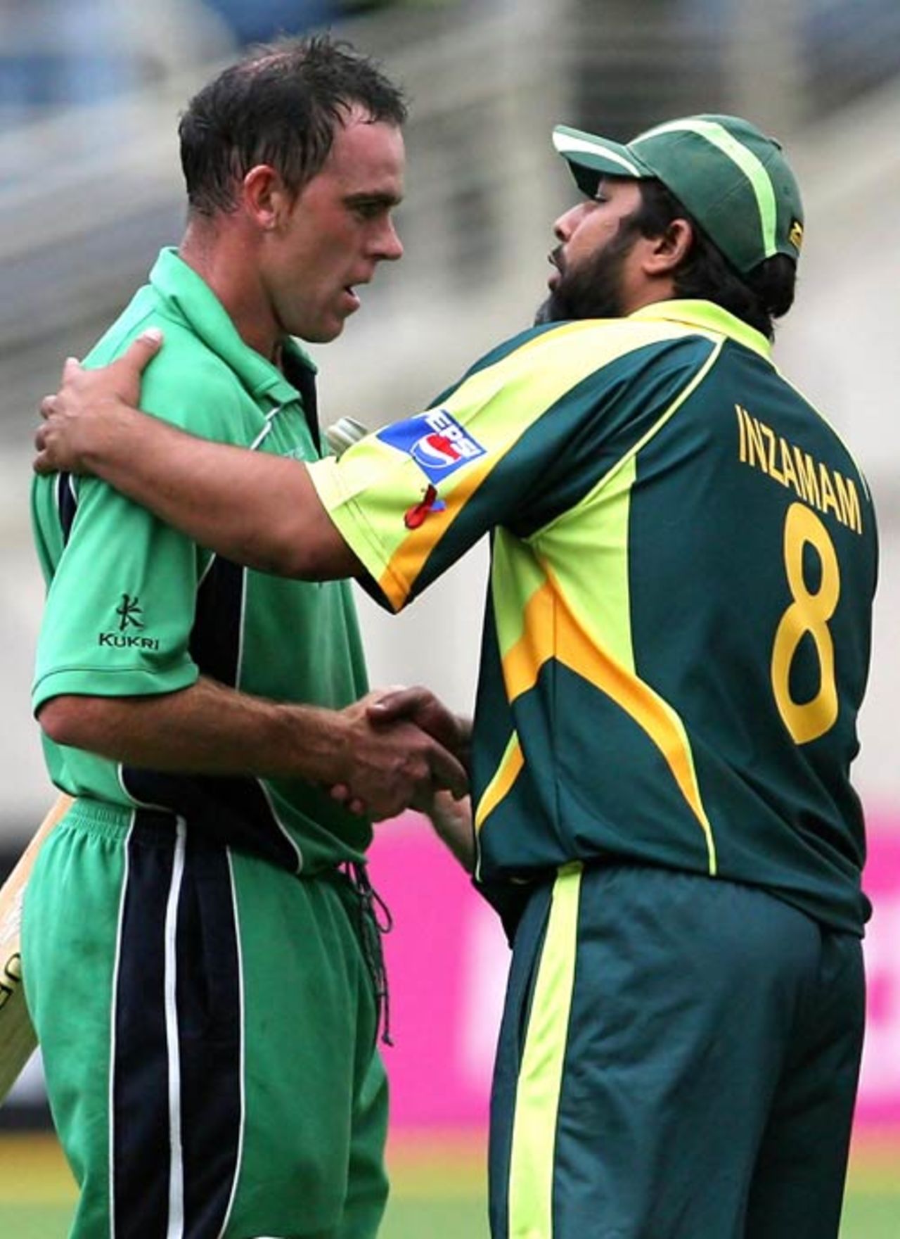 Inzamam-ul-Haq congratulates Trent Johnston for the win, Ireland v Pakistan, Group D, Jamaica, March 17, 2007