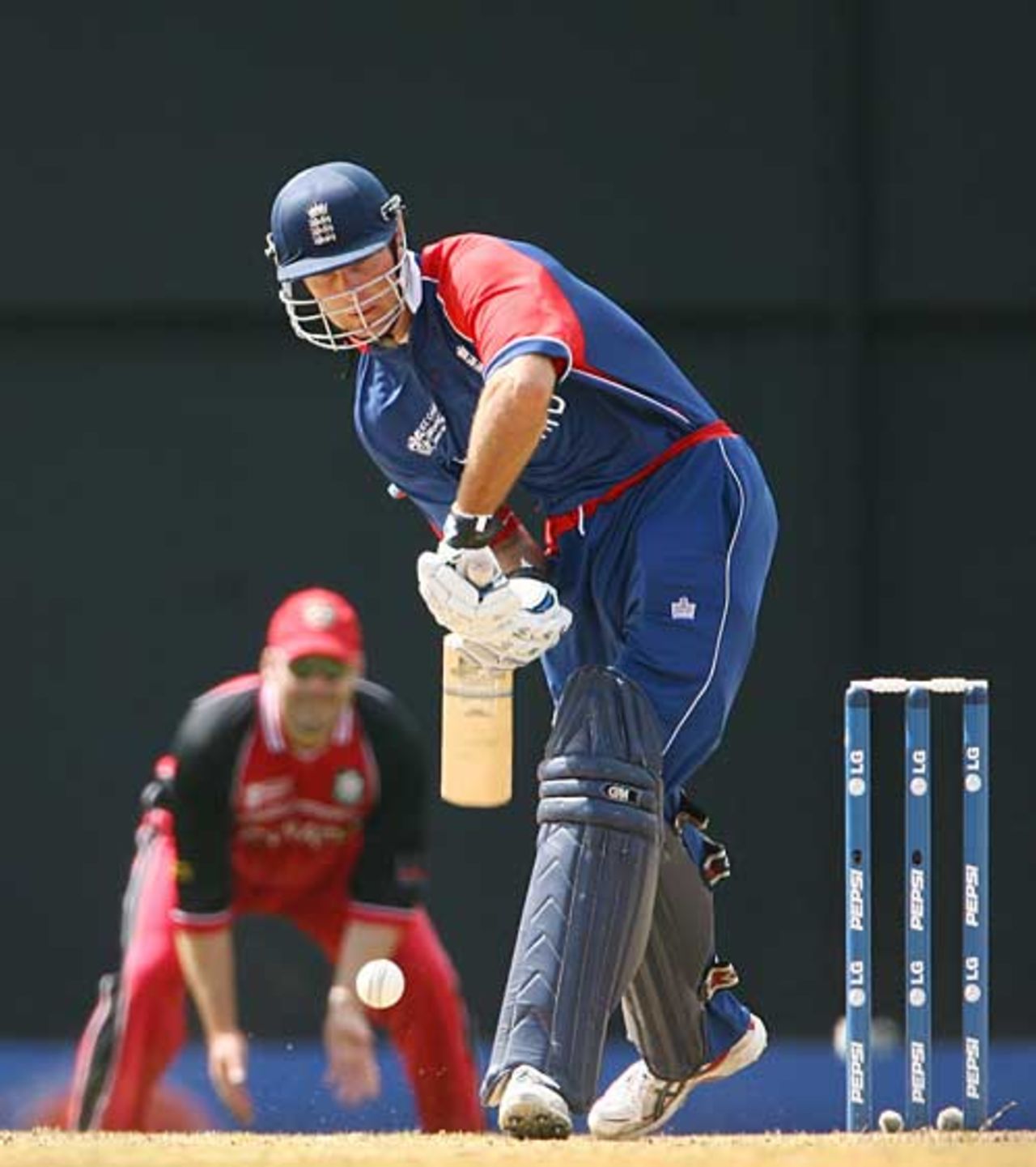 Michael Vaughan comes forward to work the ball away, Canada v England, Group C, St Lucia, March 18, 2007