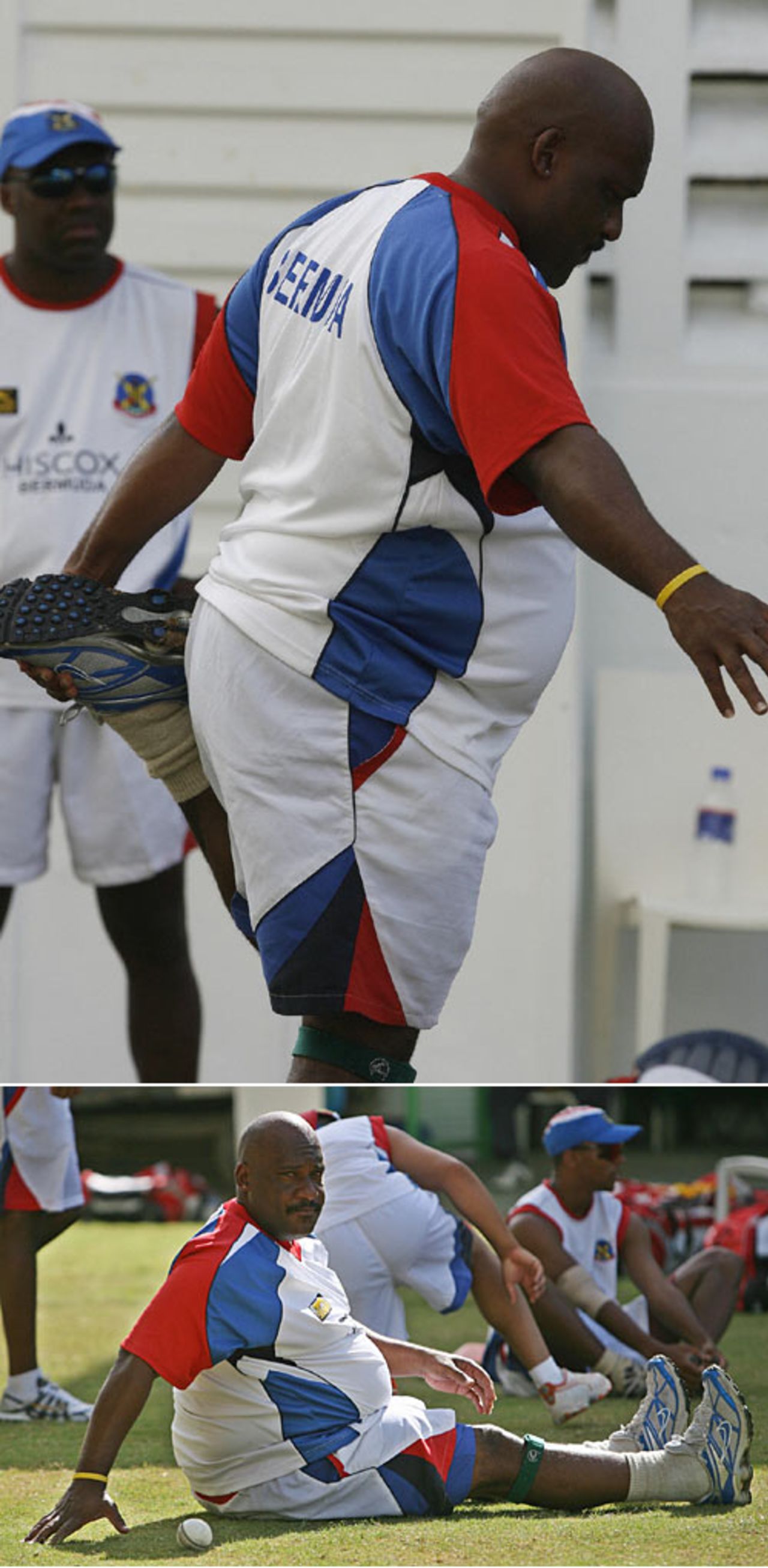A quick stretch and a sit down for Bermuda's Dwayne Leverock, Queen's Park Oval, Port-of-Spain, March 18, 2007
