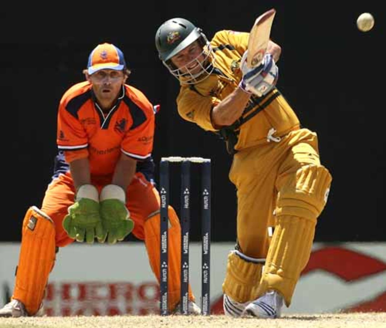 Brad Hodge hammered the Netherlands bowlers and got 74 for his runs in boundaries and sixes, Australia v Netherlands, Group A, St Kitts, March 18, 2007