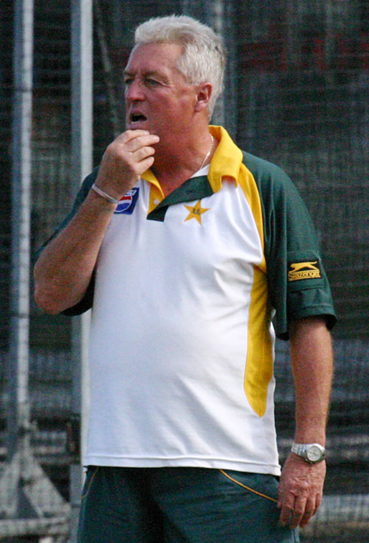 Bob Woolmer ponders tactics during a training session, Lord's, July 12, 2006