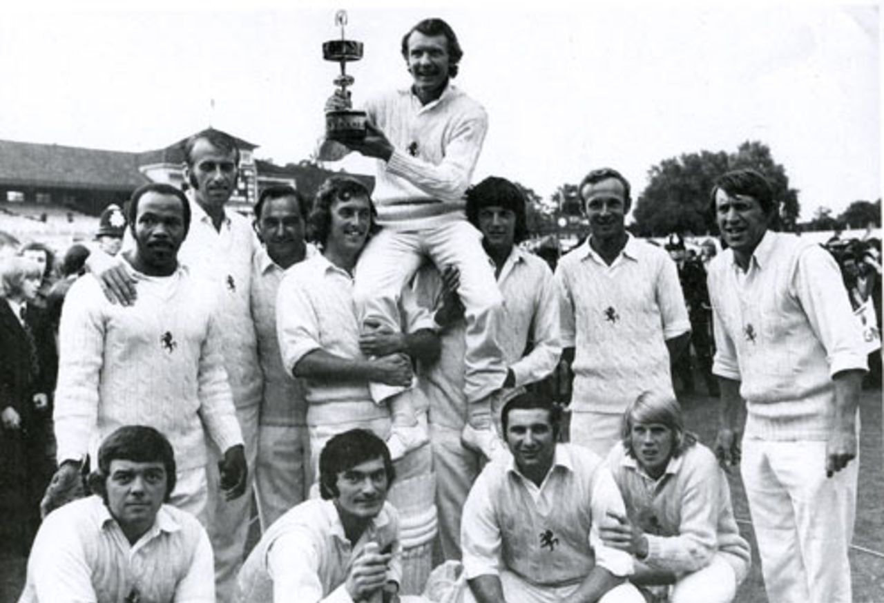 Bob Woolmer and Graham Johnson lift Mike Denness aloft after Kent's victory in the 1974 Gillette Cup final, Kent v Lancashire, Lord's, September 5, 1974