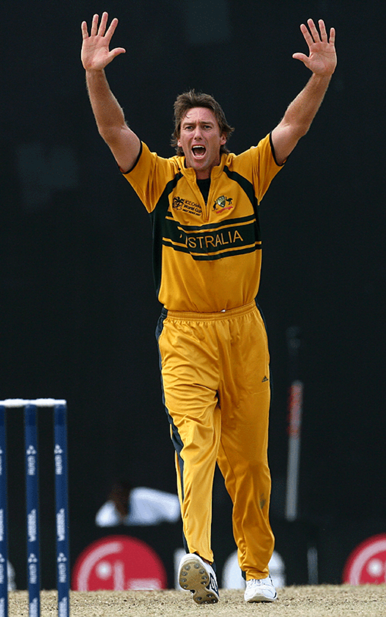 Glenn McGrath appeals for the wicket of Daan van Bunge - his 50th World Cup victim, Australia v Netherlands, Group A, St Kitts, March 18, 2007