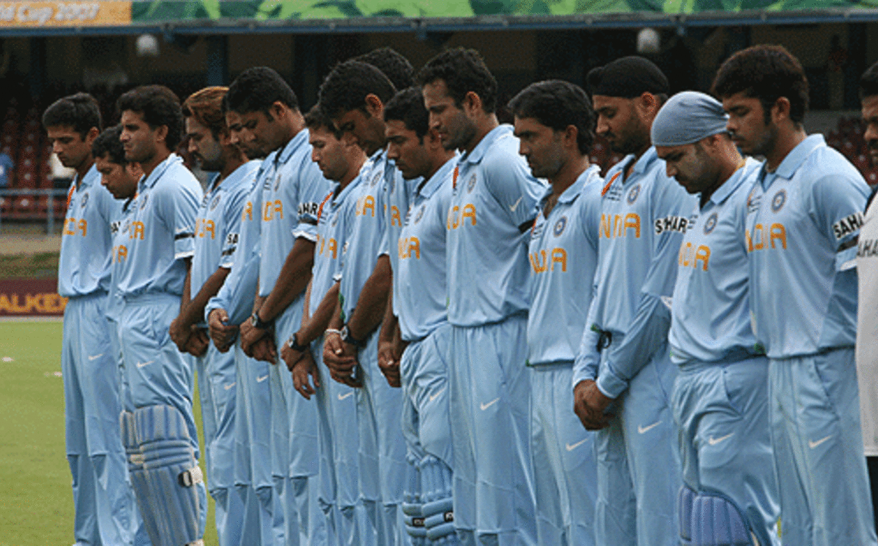 The Indian team at the two-minute silence in memory of Bob Woolmer before the start of the match, Bermuda v India, Group B , Trinidad, March 19, 2007