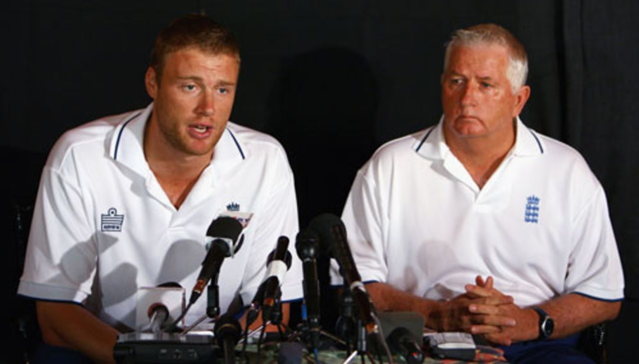 Duncan Fletcher and Andrew Flintoff face the media after Flintoff was dropped and stripped of the vice-captaincy, St Lucian Rex hotel, Gros Islet, Saint Lucia, March 19, 2007
