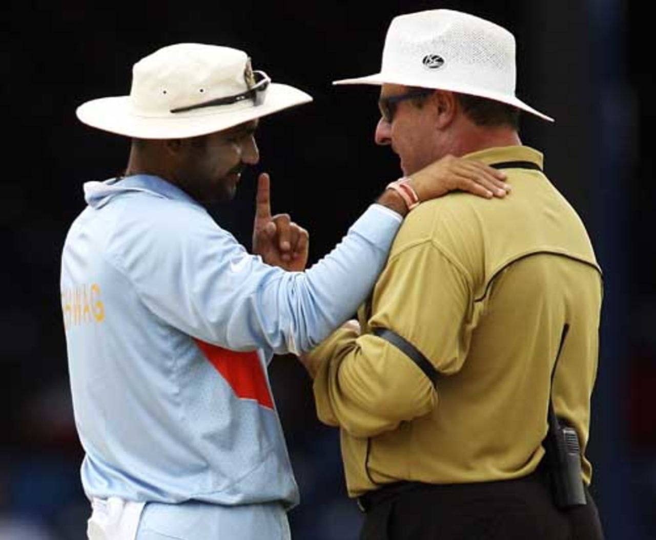 Give me some good news, chief: A relaxed Virender Sehwag chats with umpire Ian Howell, Bermuda v India, Group B, Trinidad, March 19, 2007