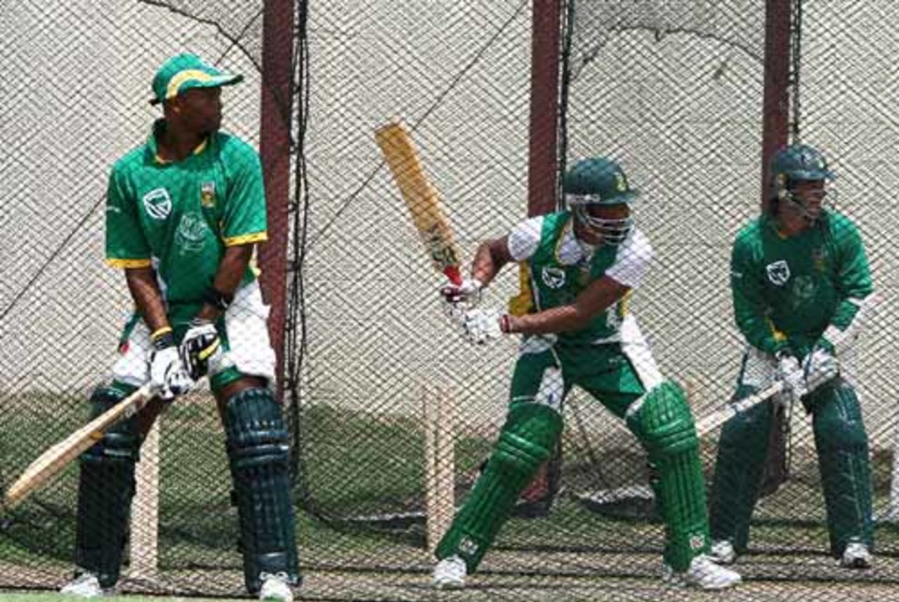 South African batsmen take guard in adjacent nets, Basseterre, St Kitts, March 19, 2007