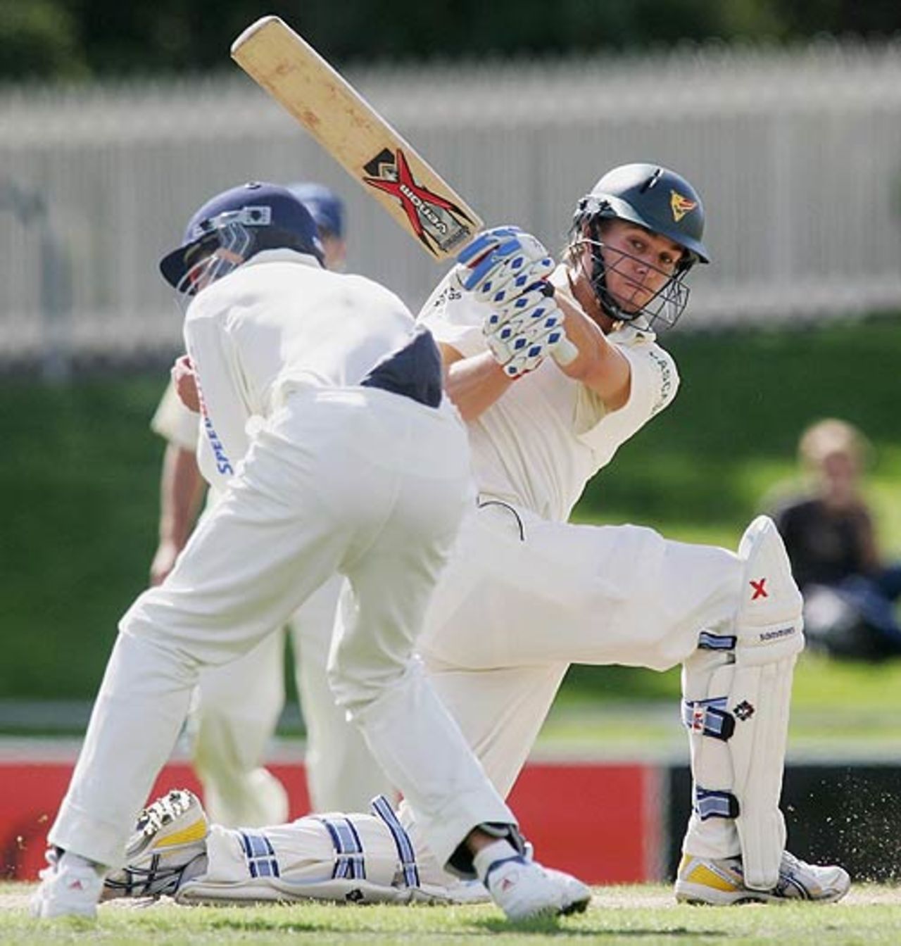 Luke Butterworth hammers a ball towards a nervous bat-pad, Tasmania v New South Wales, Pura Cup final, Hobart, March 20, 2007