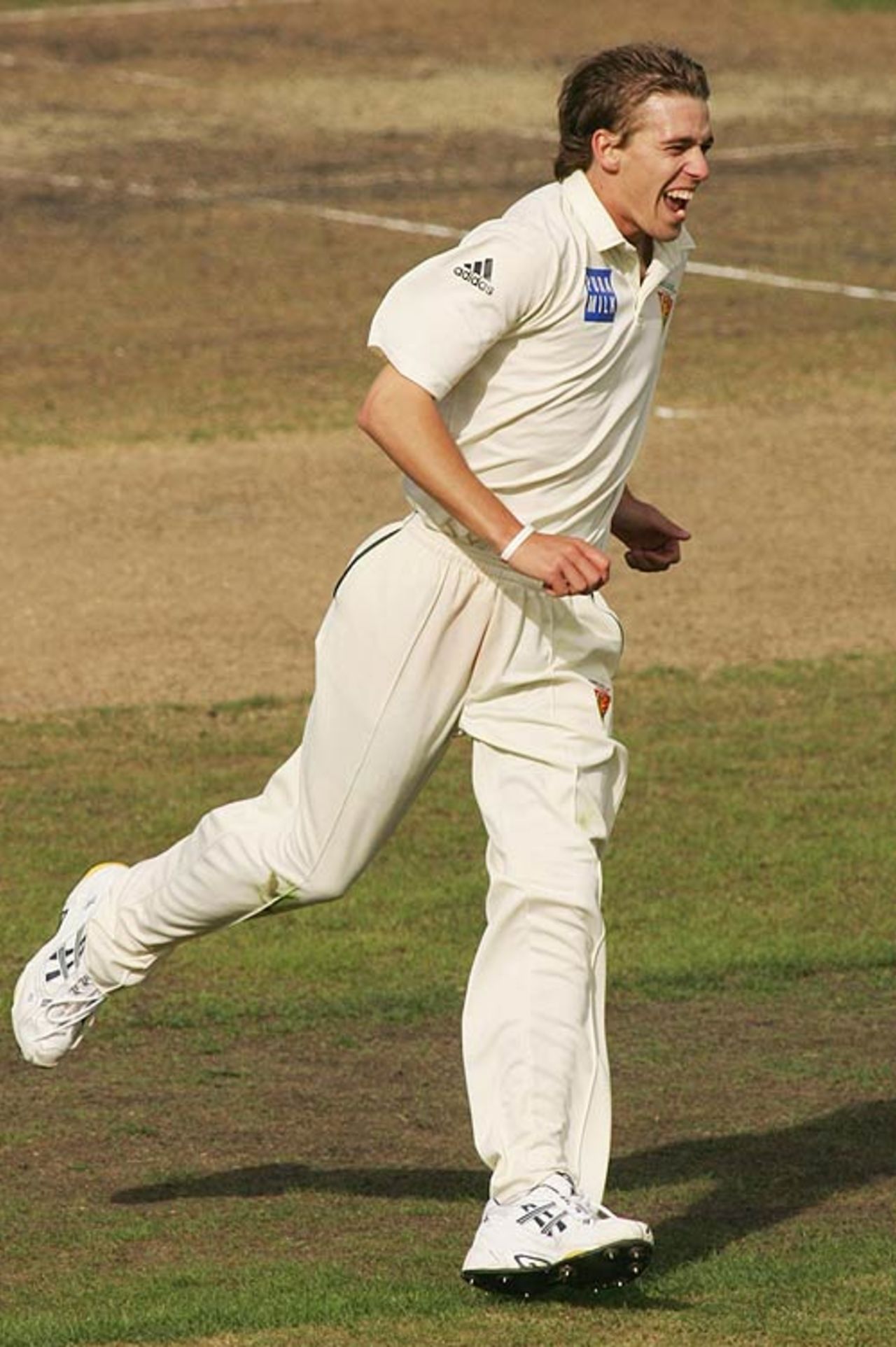 Luke Butterworth celebrates one of his two wickets, Tasmania v New South Wales, Pura Cup final, Hobart, March 20, 2007