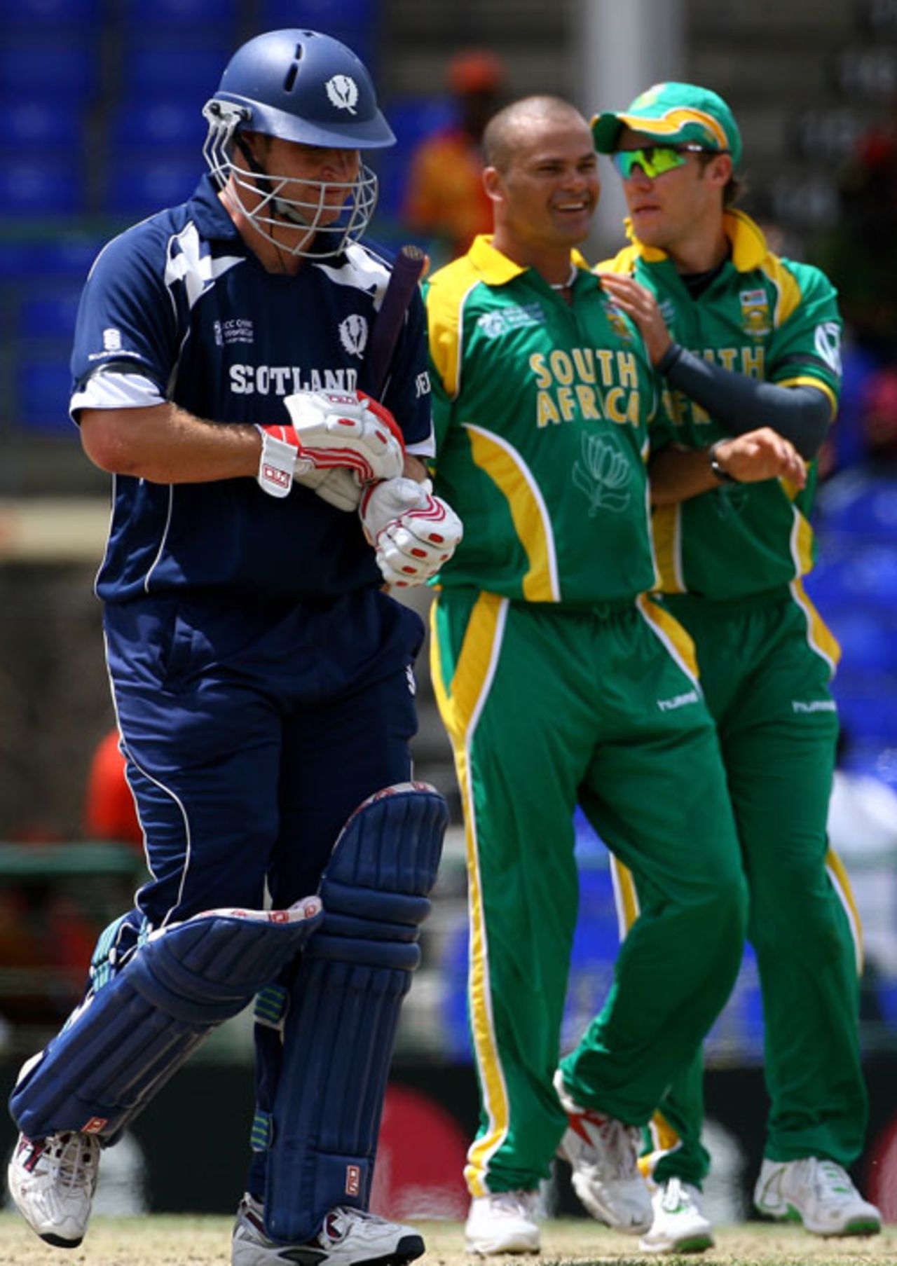 South Africa celebrate as Neil McCallum heads back to the pavilion after being bowled, Scotland v South Africa, Group A, St Kitts, March 20, 2007