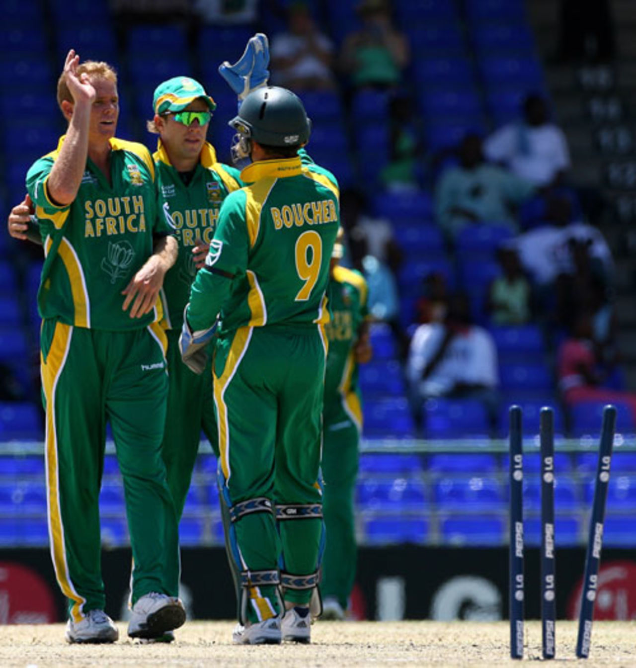 The South Africans celebrate the wicket of Colin Smith, Scotland v South Africa, Group A, St Kitts, March 20, 2007