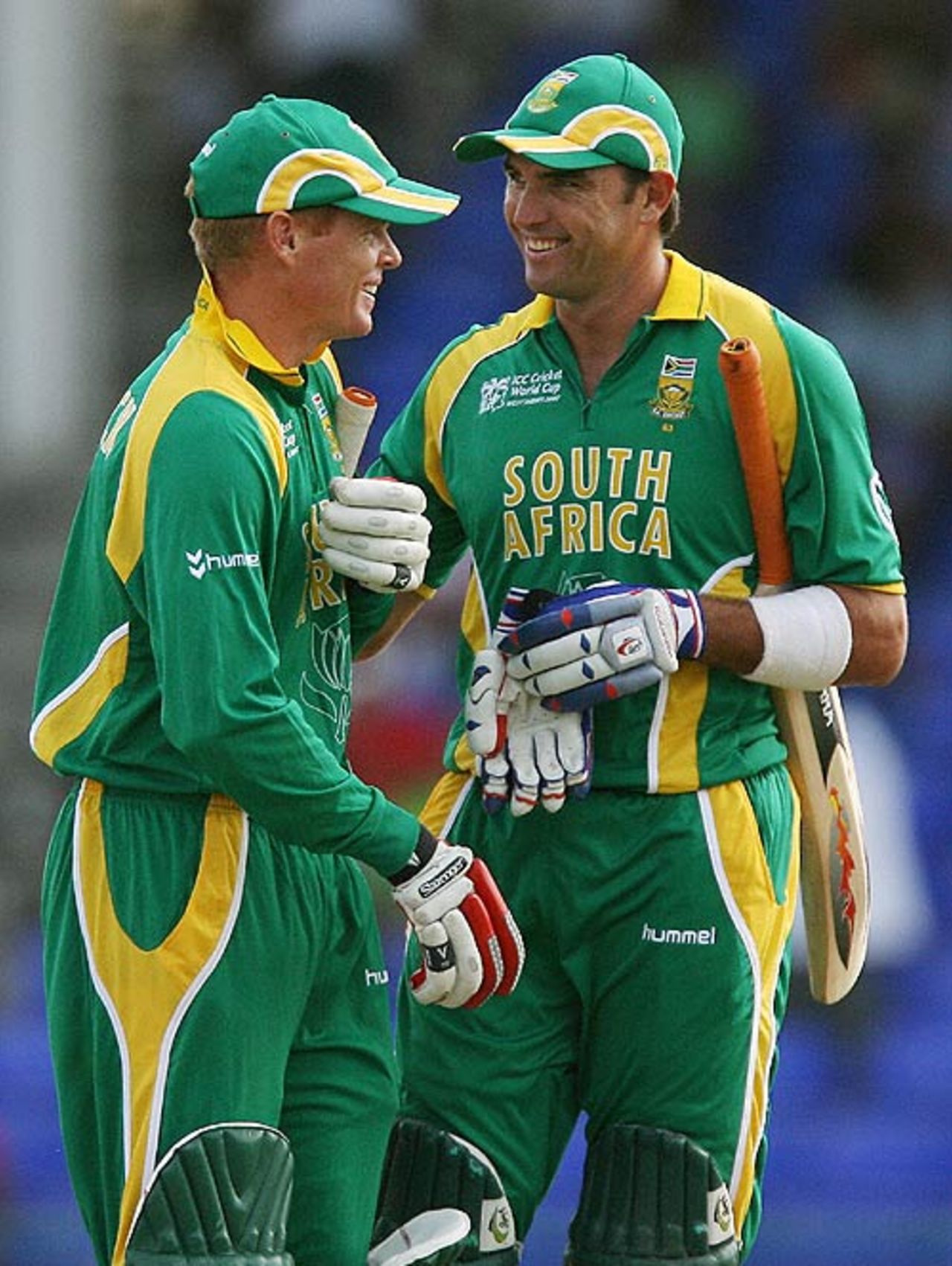 Shaun Pollock and Justin Kemp celebrate the victory, Scotland v South Africa, Group A, St Kitts, March 20, 2007