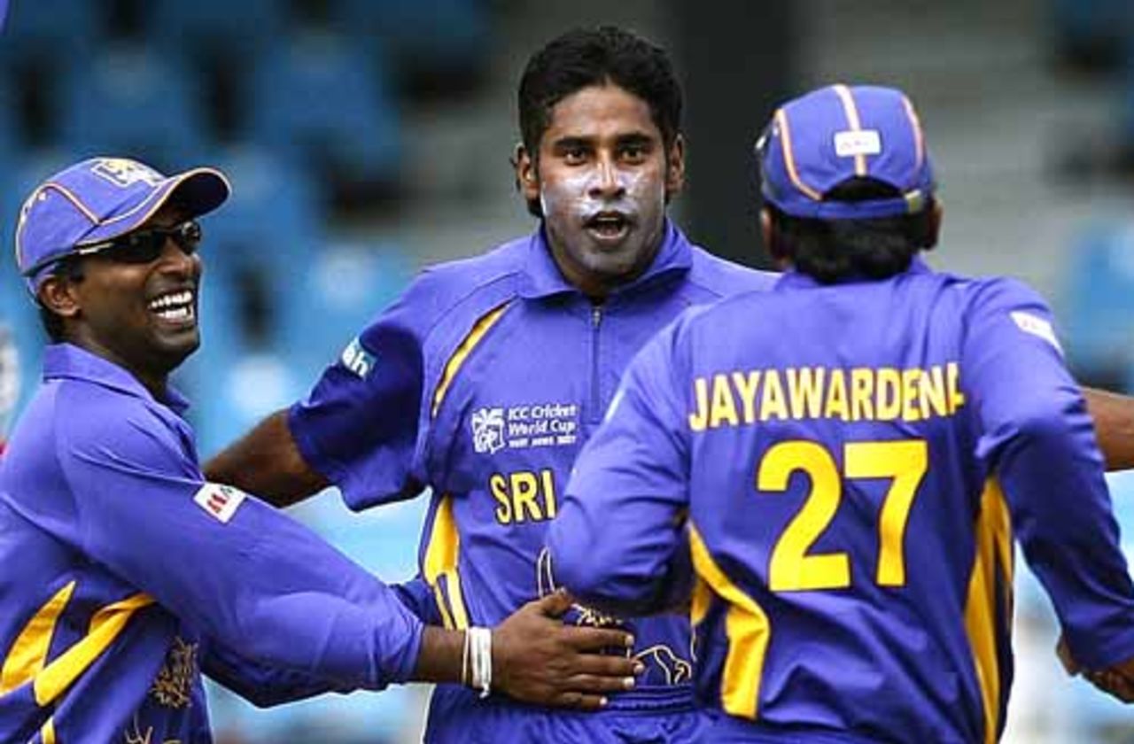 The Sri Lankans celebrate Shahriar Nafees's wicket, Bangladesh v Sri Lanka, Group B, Trinidad, March 21, 2007