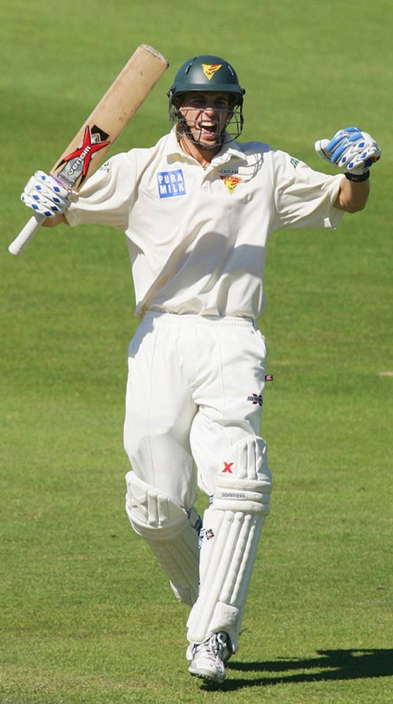 Luke Butterworth shows the excitement of making his first century, Tasmania v New South Wales, Pura Cup final, Hobart, March 22, 2007