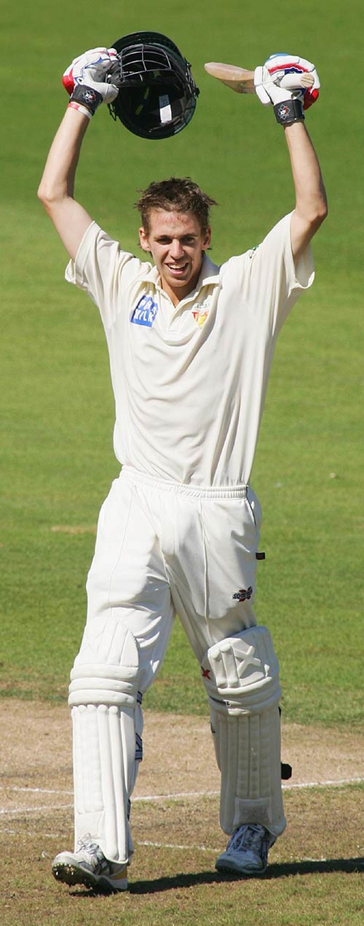 Luke Butterworth takes the applause after reaching triple-figures, Tasmania v New South Wales, Pura Cup final, Hobart, March 22, 2007