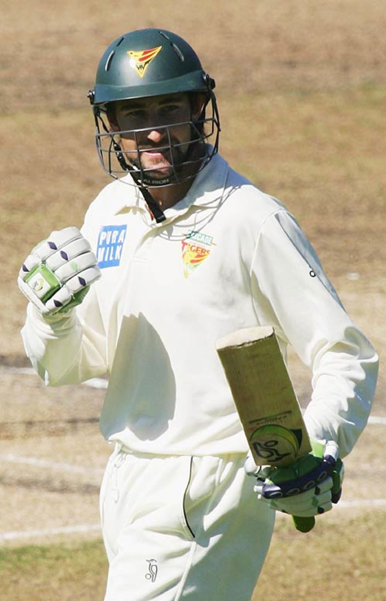 Sean Clingeleffer pumps his fist after reaching his half-century, Tasmania v New South Wales, Pura Cup final, Hobart, March 22, 2007