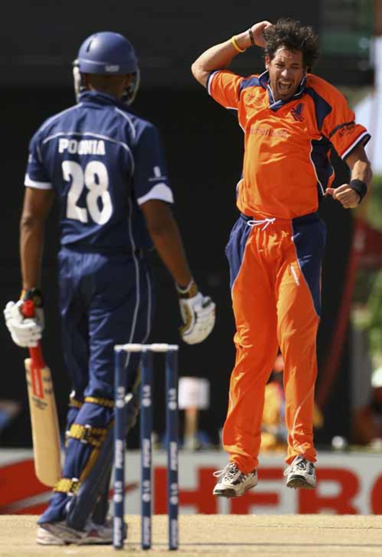 Billy Stelling jumps for joy after scalping Navdeep Poonia early in the piece against Scotland, Netherlands v Scotland, Group A, St Kitts, March 22, 2007
