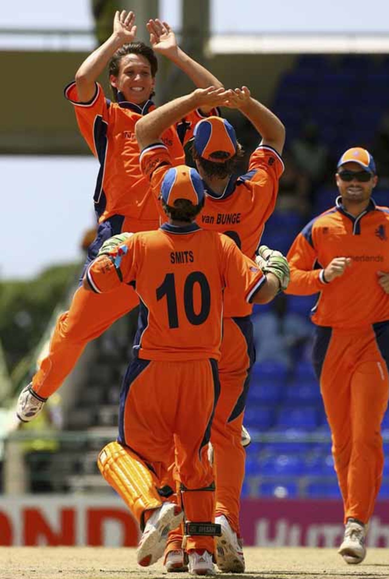 Mark Jonkman leaps into the air like an athlete, his joy at getting a wicket clearly knew no bounds, Netherlands v Scotland, Group A, St Kitts, March 22, 2007