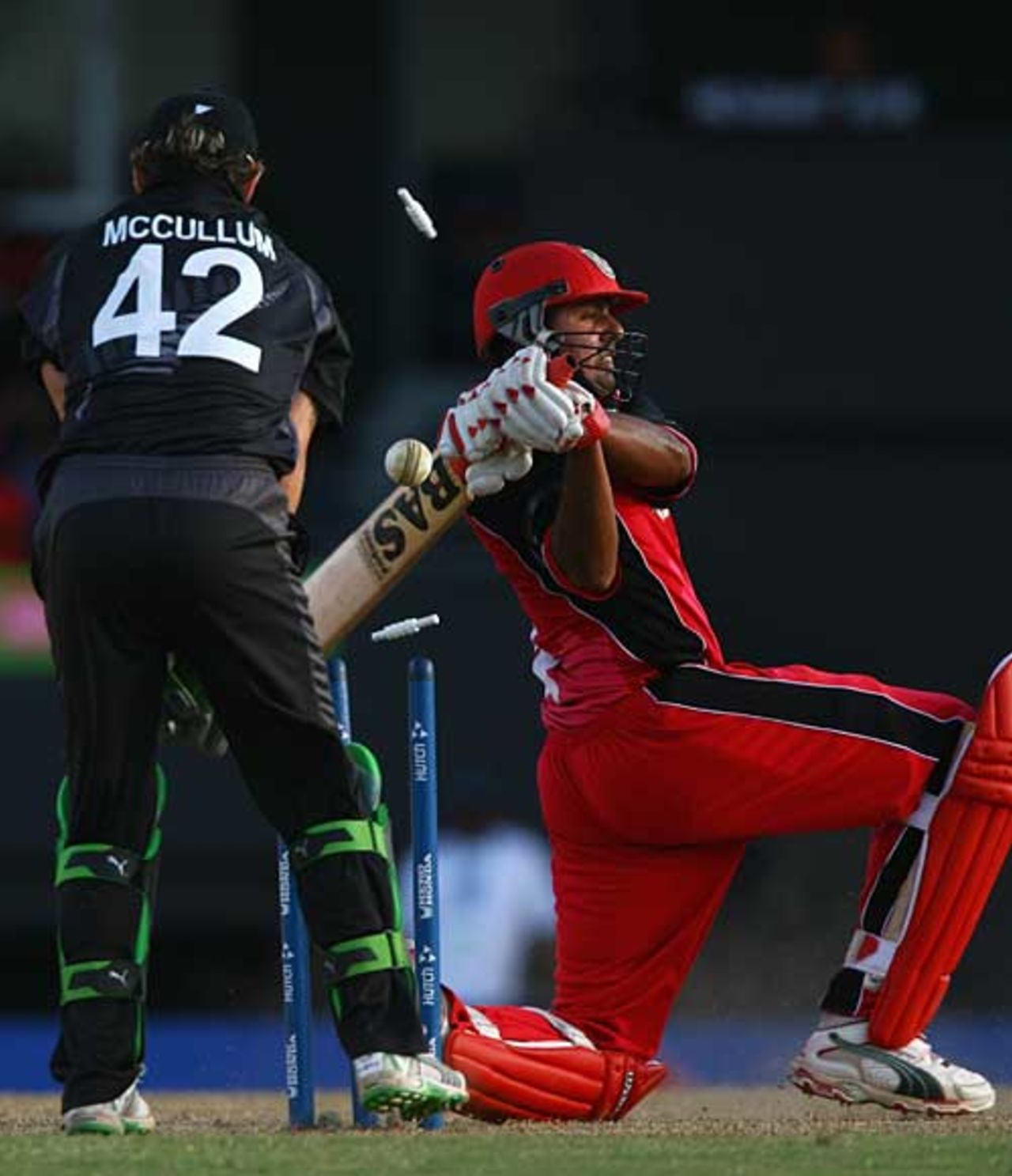 Umar Bhatti swings and misses as Canada's tail falls away, Canada v New Zealand, St Lucia, March 22, 2007