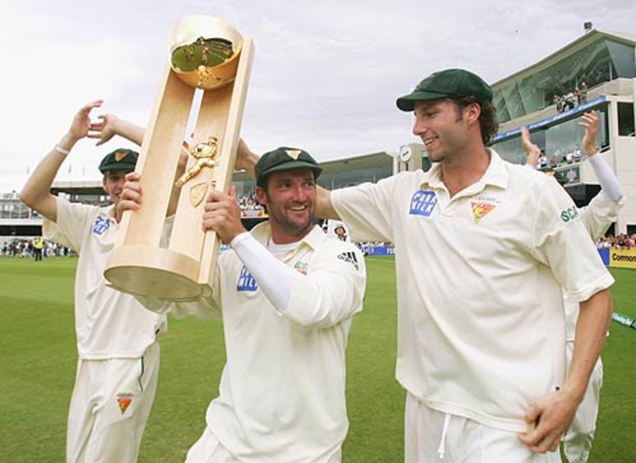 Michael Di Venuto and Adam Griffith celebrate the Tigers' win, Tasmania v New South Wales, Pura Cup final, Hobart, March 23, 2007