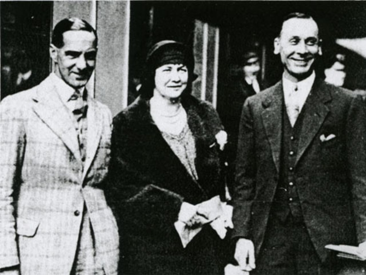 Jack Hobbs (right), his wife, and Herbert Sutcliffe, his famous opening partner, pictured before boarding the boat-train for India in 1930. Hobbs made four centuries during the trip, the two in three-day matches in Colombo not being considered, until recently, to have been first-class