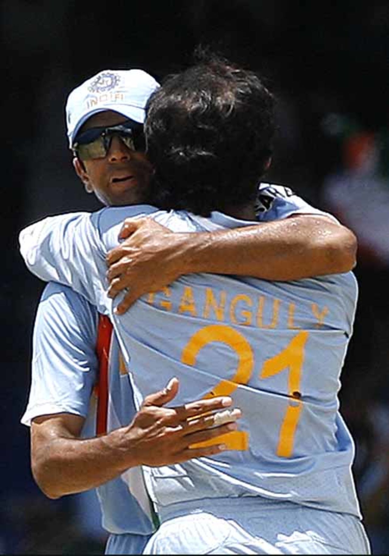 Sourav Ganguly is congratulated by Rahul Dravid, India v Sri Lanka, Group B, Trinidad, March 23, 2007