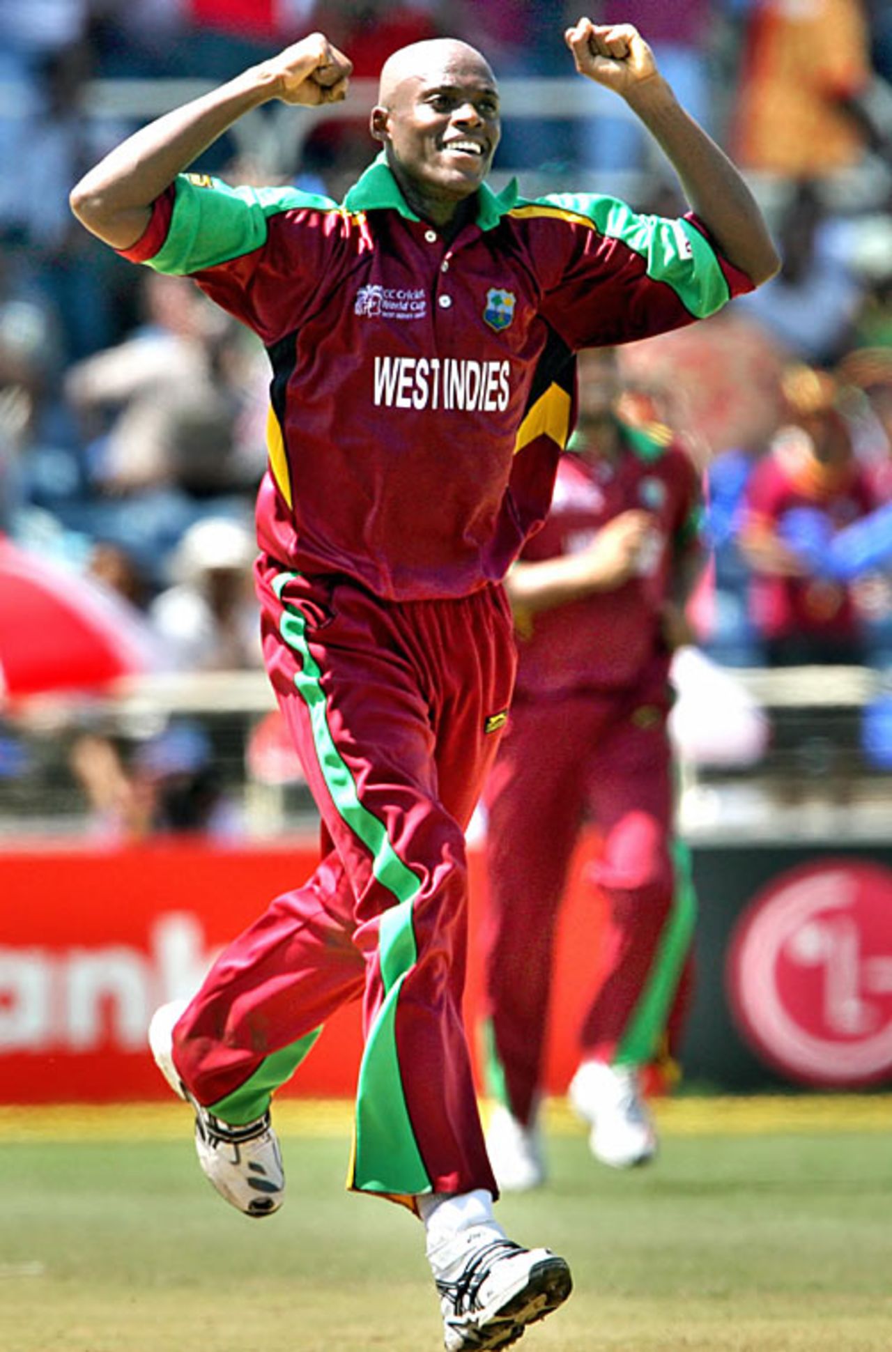 Daren Powell celebrates the wicket of Eoin Morgan, West Indies v Ireland, Group D, Kingston, March 23, 2007