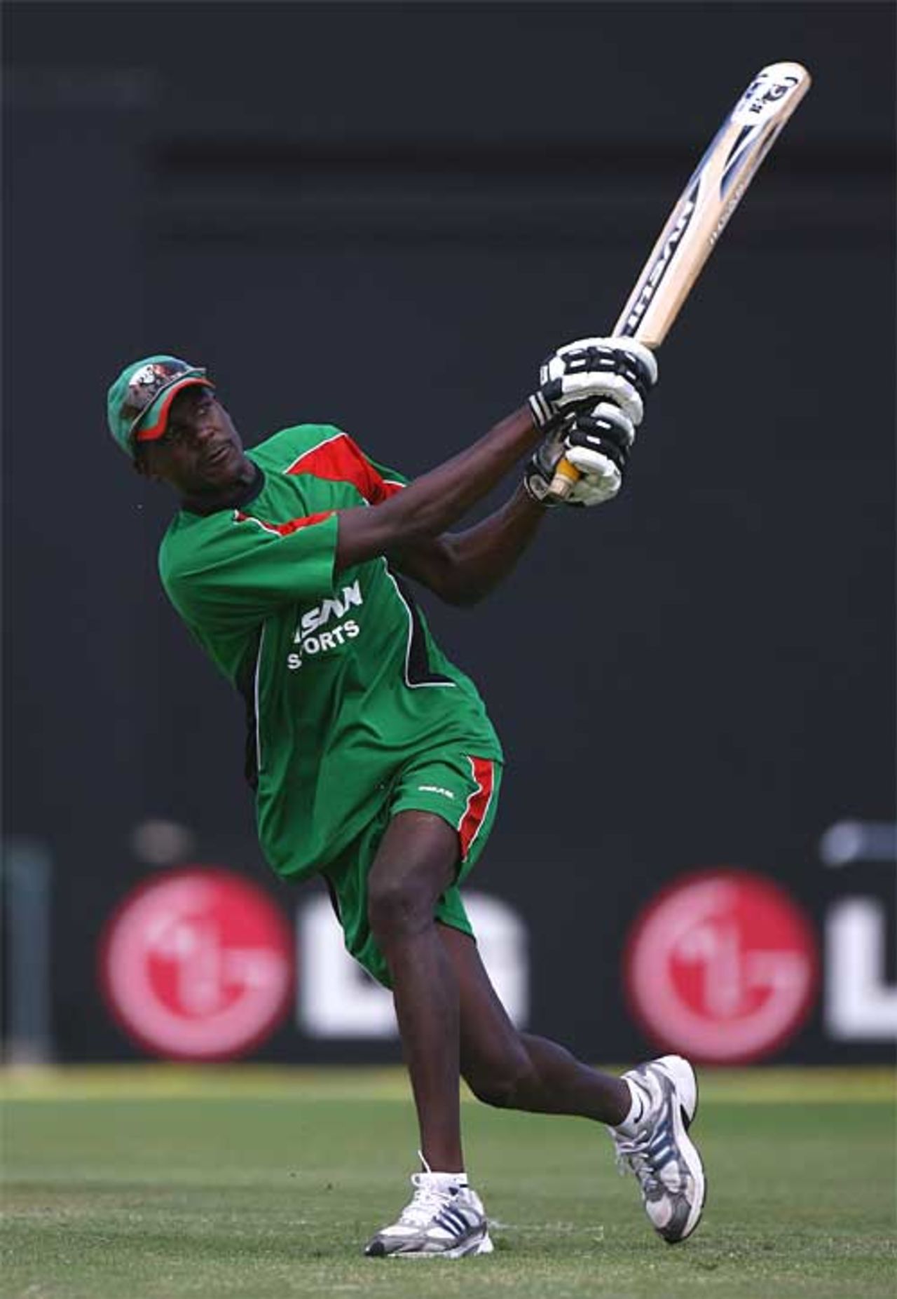 Collins Obuya hits out at nets before Kenya face England on Saturday, St Lucia, March 23, 2007
