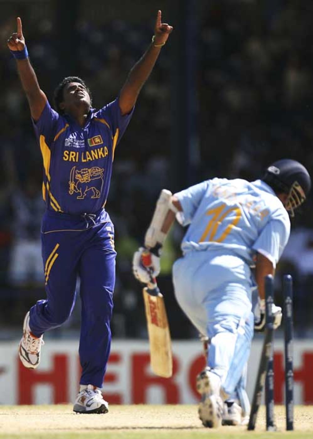 Dilhara Fernando celebrates bowling Sachin Tendulkar for a duck, India v Sri Lanka, Group B, Trinidad, March 23, 2007