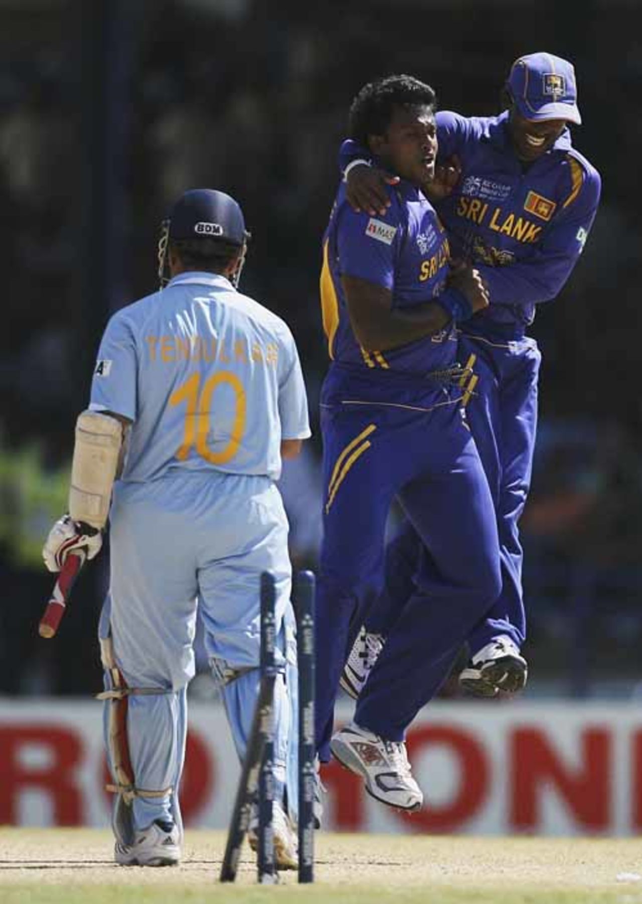 Dilhara Fernando celebrates the wicket of Sachin Tendulkar, India v Sri Lanka, Group B, Trinidad, March 23, 2007