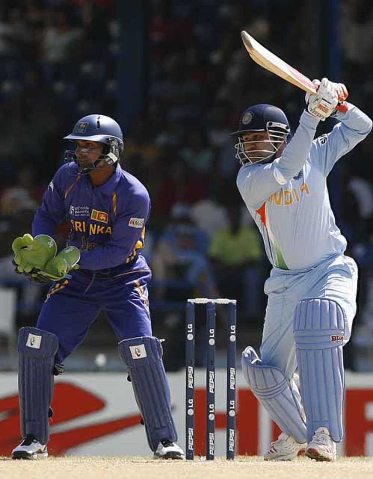 Virender Sehwag drives to the off during his innings of 48, India v Sri Lanka, Group B, Trinidad, March 23, 2007