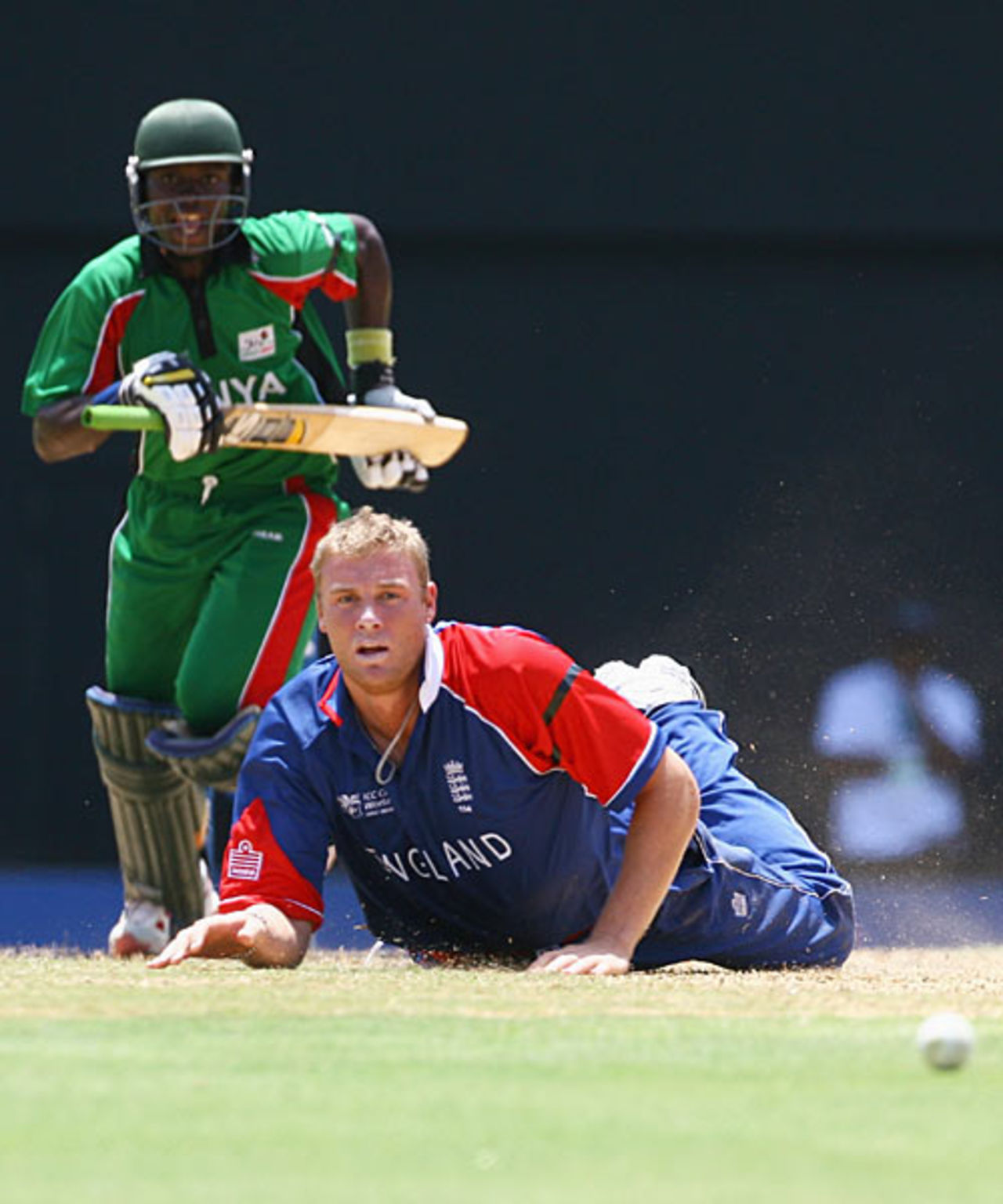 Maurice Ouma drives; Andrew Flintoff dives, England v Kenya, Group C, St Lucia, March 24, 2007