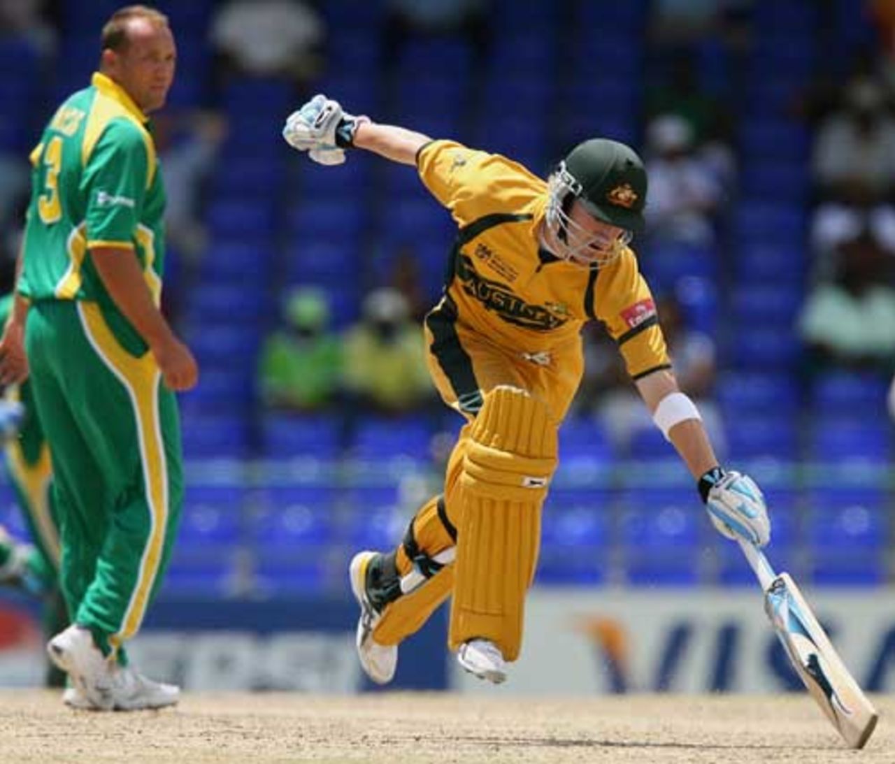 Michael Clarke lunges to complete a run, Australia v South Africa, Group A, St Kitts, March 24, 2007