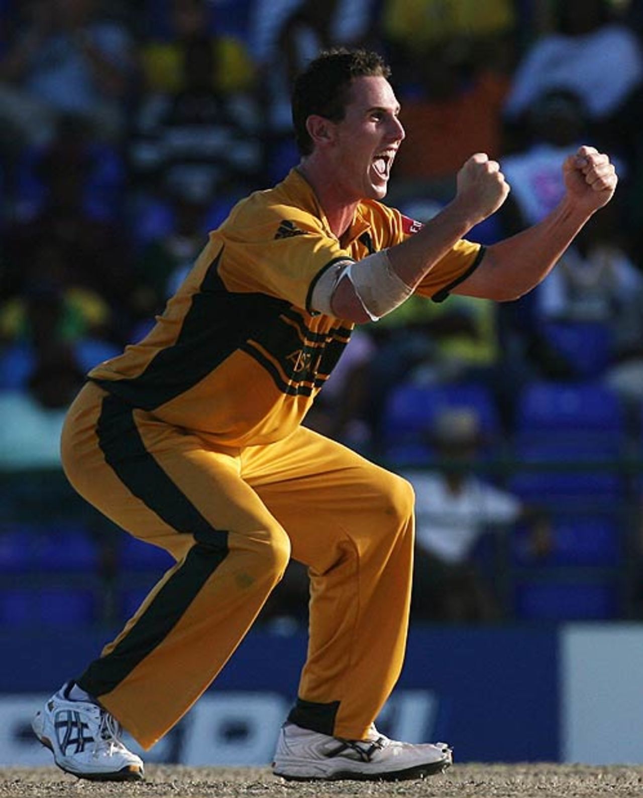Shaun Tait in celebration mode after removing Justin Kemp, Australia v South Africa, Group A, St Kitts, March 24, 2007