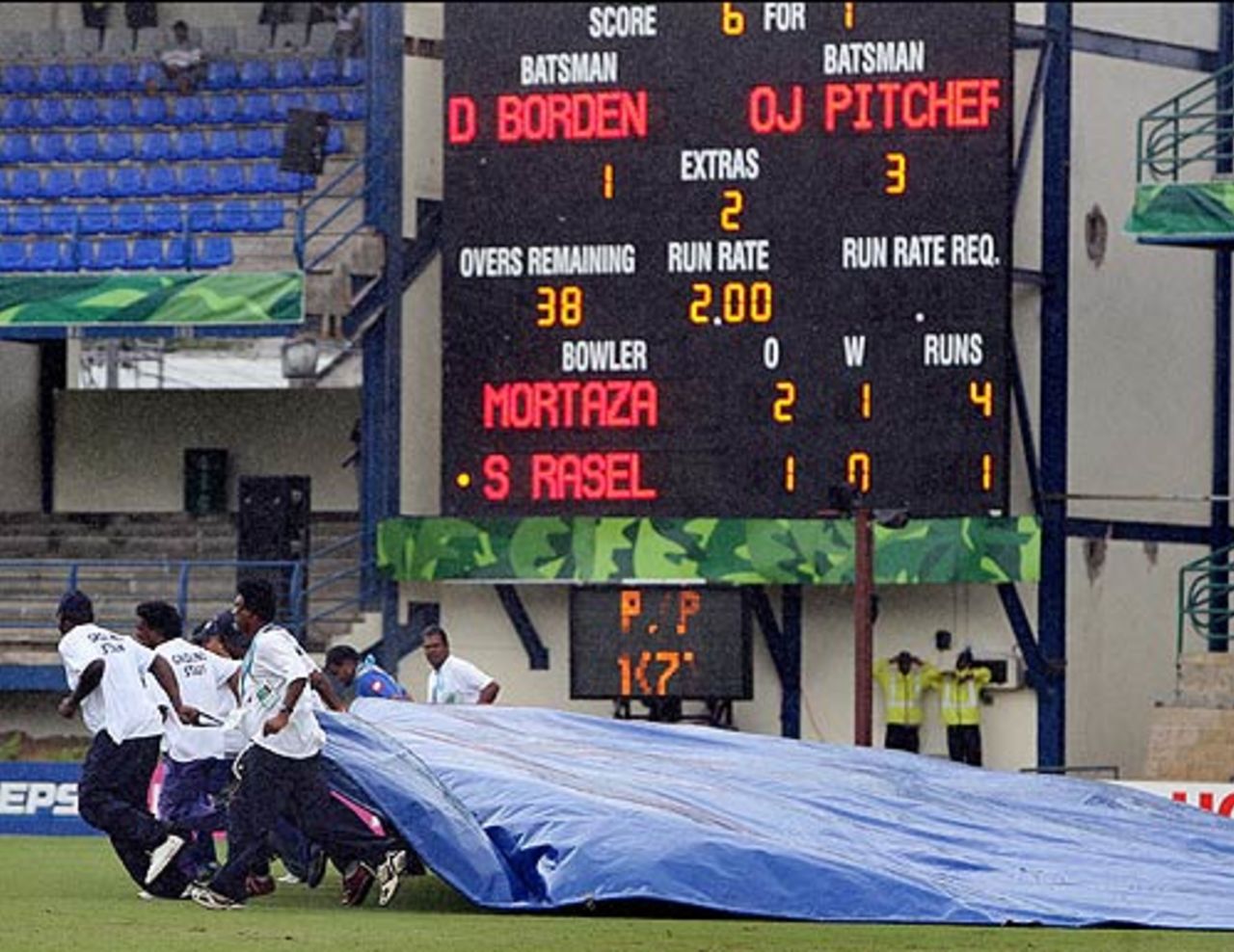 The groundstaff bring on the covers once more, Bangladesh v Bermuda, Trinidad, March 25, 2007