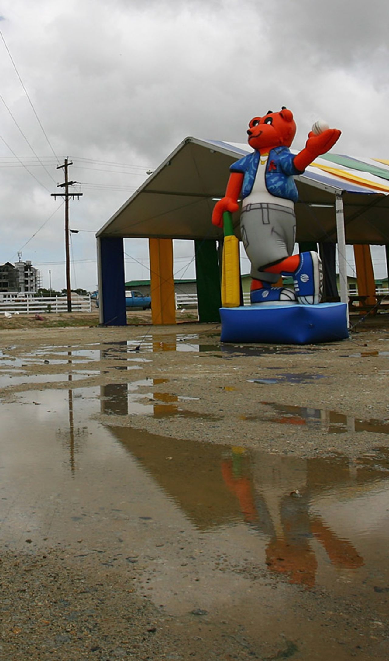 Mello, the World Cup mascot, defies the rain at Providence Stadium, 2007 World Cup, Guyana, March 26, 2007