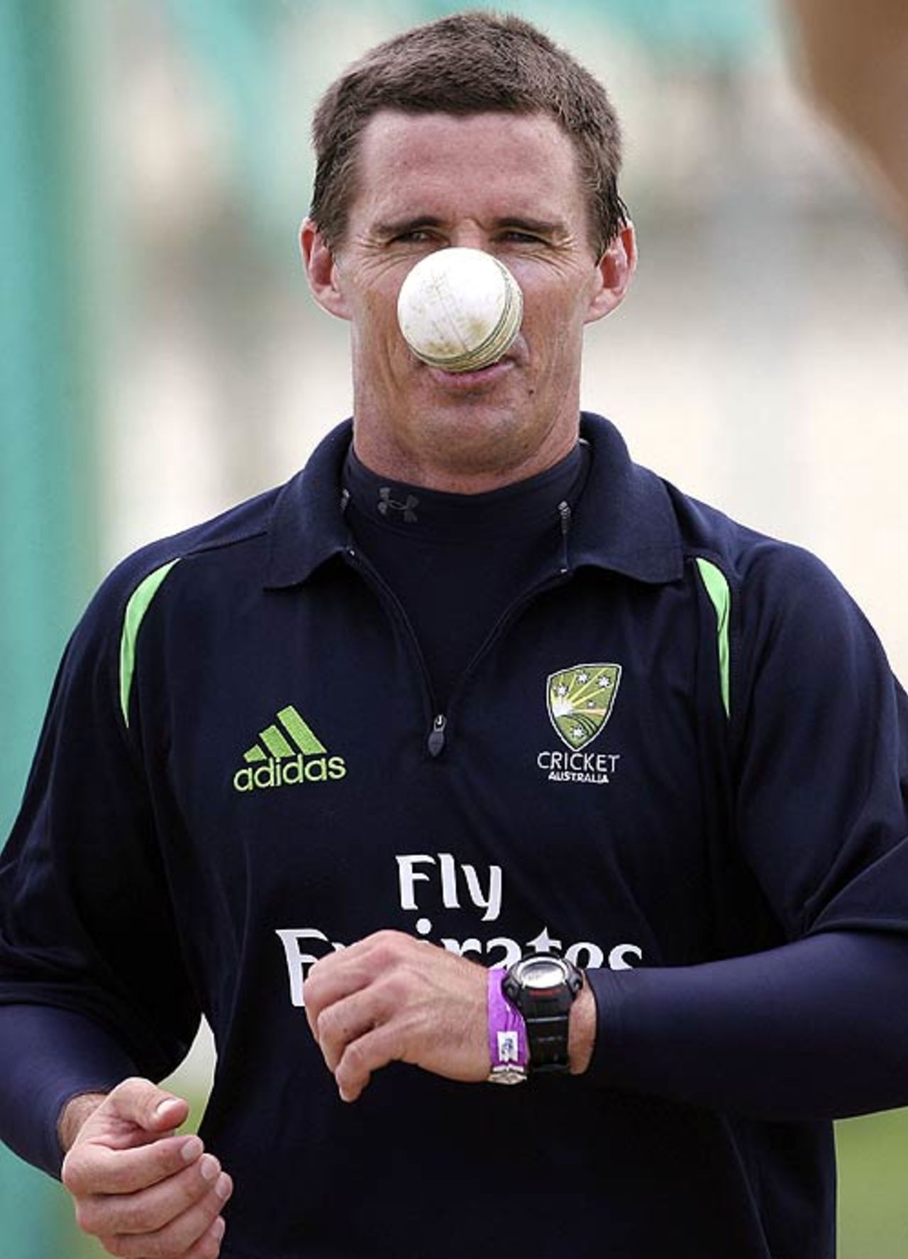 Brad Hogg warms up his spinning fingers at training, St John's, Antigua, March 26, 2007