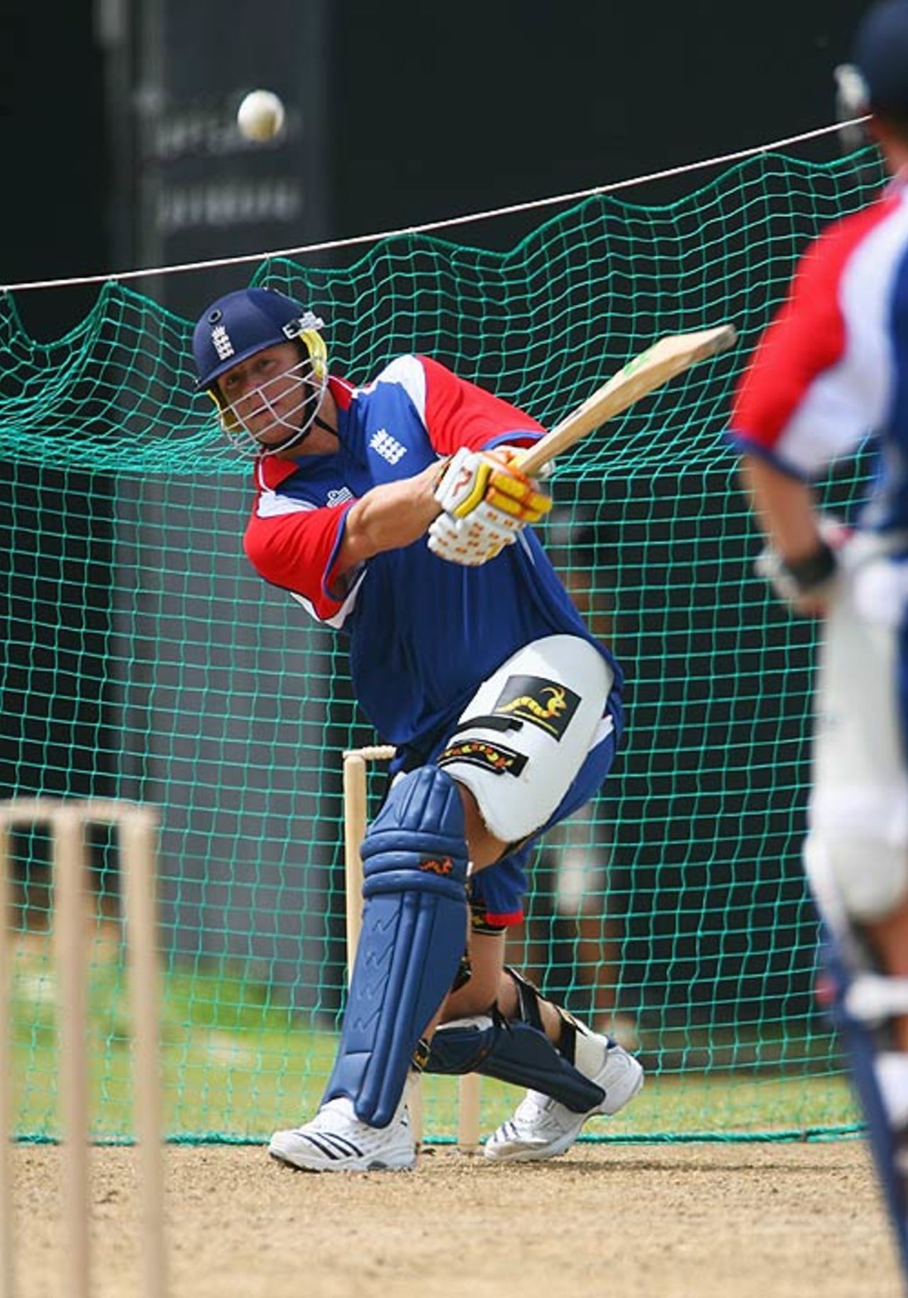Andrew Flintoff launches one over the top during England's practice session, Guyana, March 27, 2007