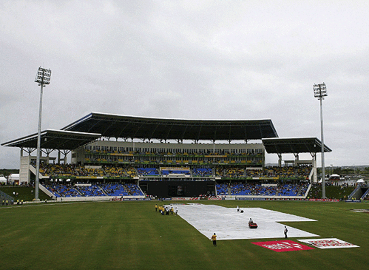 Rain forced the covers to come on at the Sir Vivian Richards Stadium in Antigua, West Indies v Australia, Super Eights, Antigua, March 27, 2007
