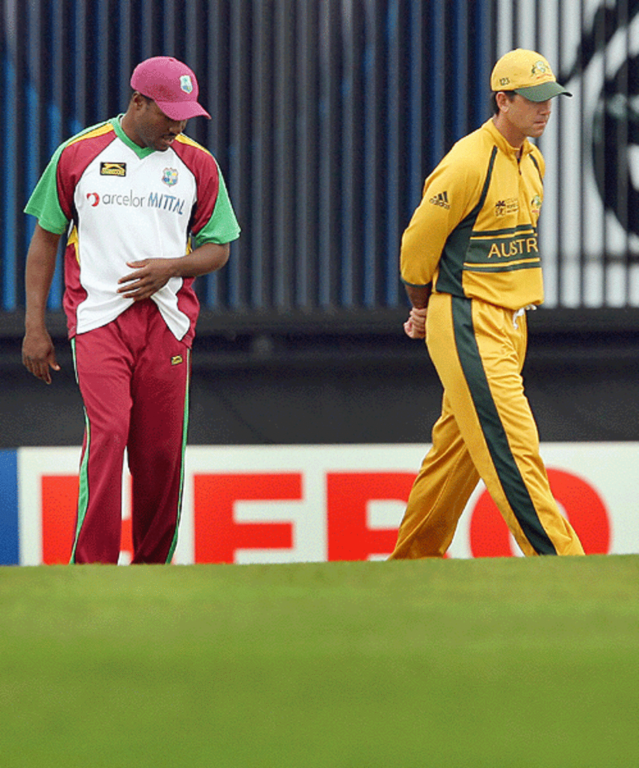 Brian Lara and Ricky Ponting walk onto the ground to inspect the pitch as rain continues, West Indies v Australia, Super Eights, Antigua, March 27, 2007